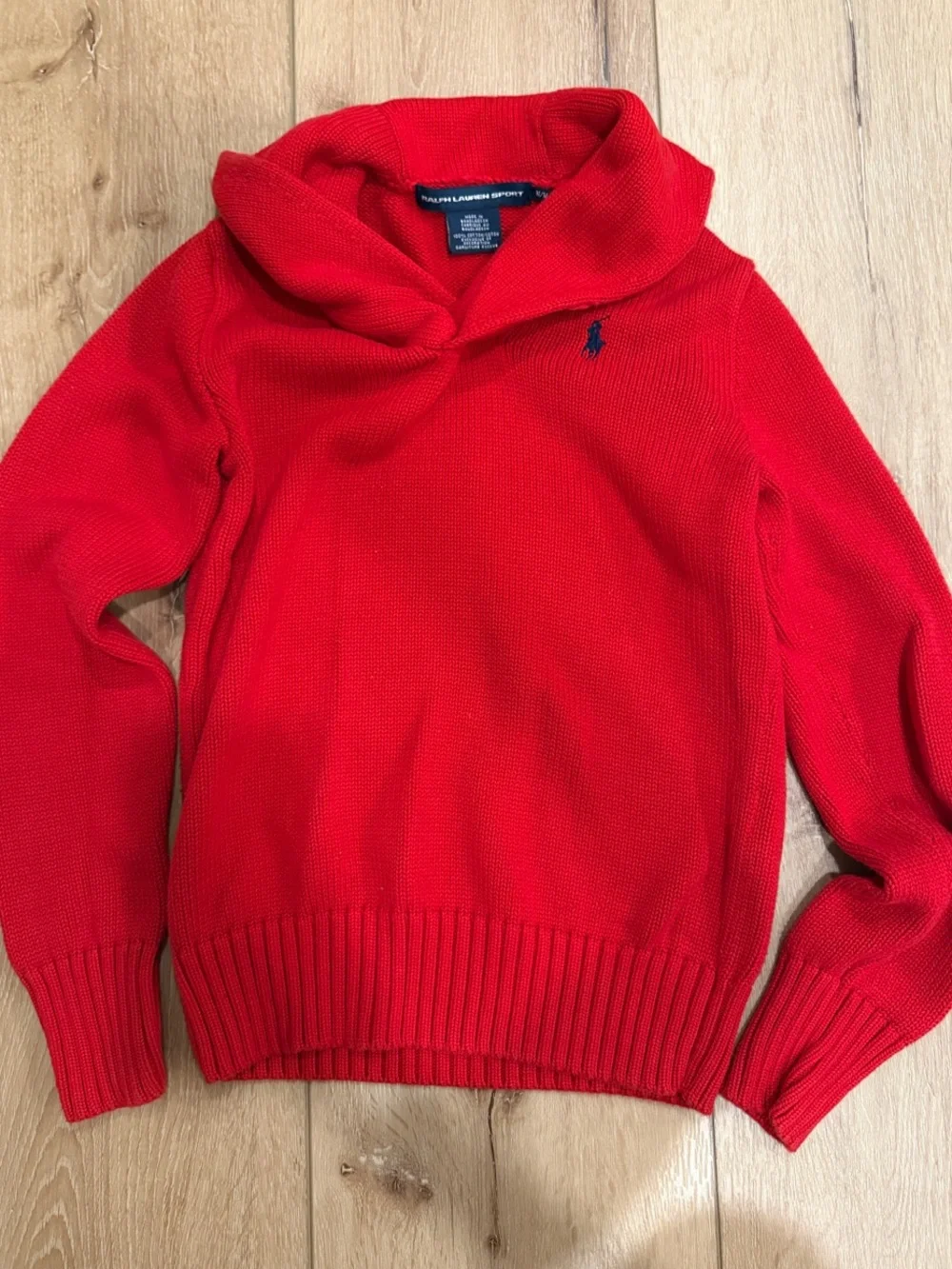 Ralph Lauren Red Shawl-Collar Sweater with Navy Pony